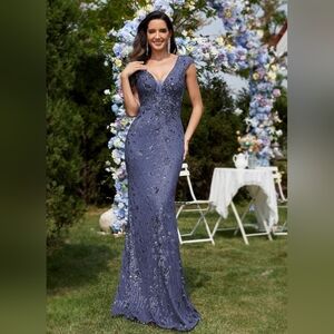 Blue Sleeveless V-Neck Maxi Gown